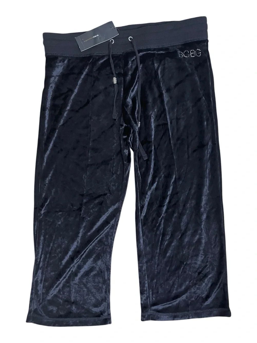 BCBGMAXAZRIA Black Velour Cropped Pants Rhinestone Logo Size L NWT $140
